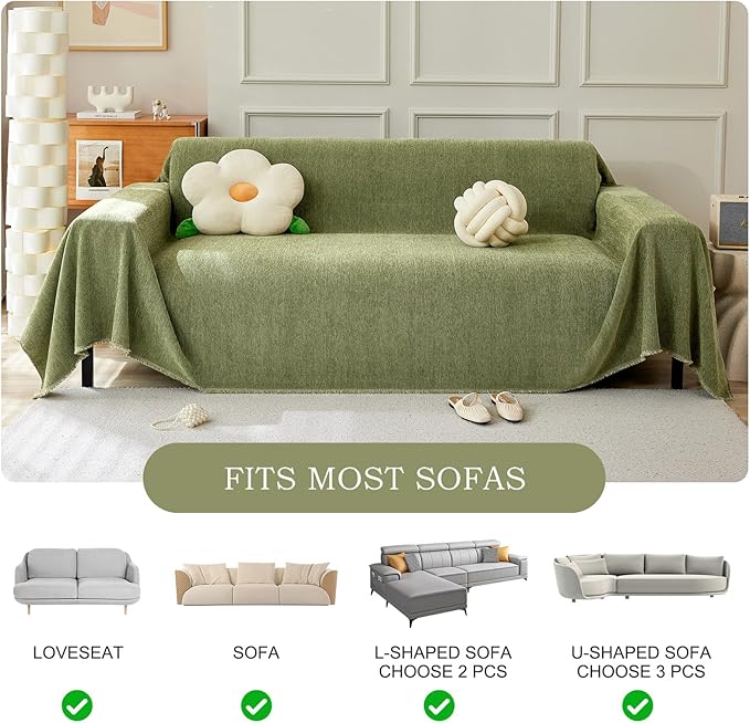 STACYPIK Soft Matcha Green Sectional Couch Covers Minimalist Sofa Throw Cover Herringbone Couch Protector for 2 Cushion Couch L Shape Sofa Cover Futon Cover Decorative for Couch-71X118IN