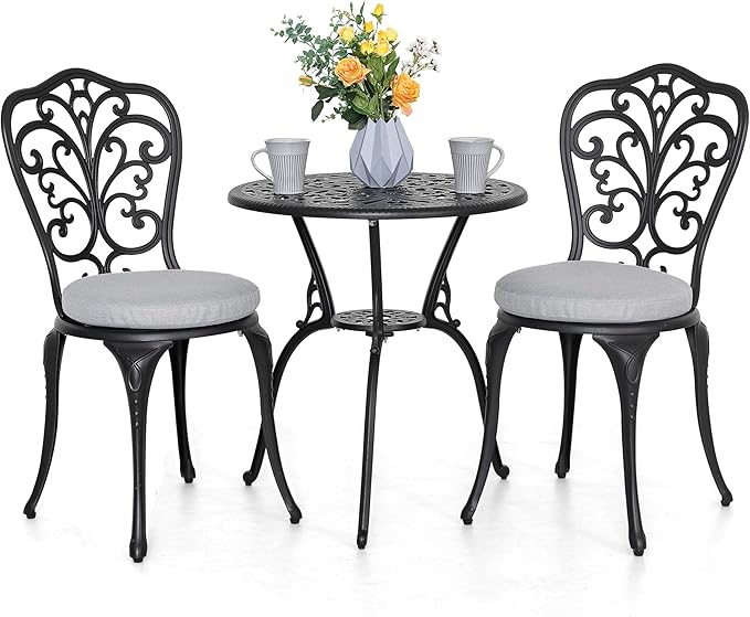 NUU GARDEN Bistro Set 3 Piece Outdoor All Weather Cast Aluminum Patio Bistro Set Patio Table and Chairs Set of 2 with Umbrella Hole and Gray Cushions for Backyard, Balcony, Lawn, Black