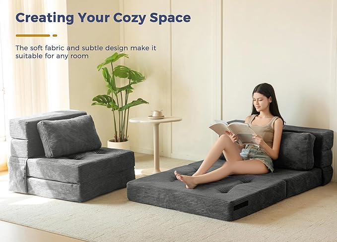 MAXYOYO Convertible Sofa Bed, Fold Out Single Sleeper Sofa with Pillow, 4 in 1 Tufted Folding Couch Bed Foam Floor Couch, Lazy Chair for Living Room Bedroom Guest Room, Dark Grey