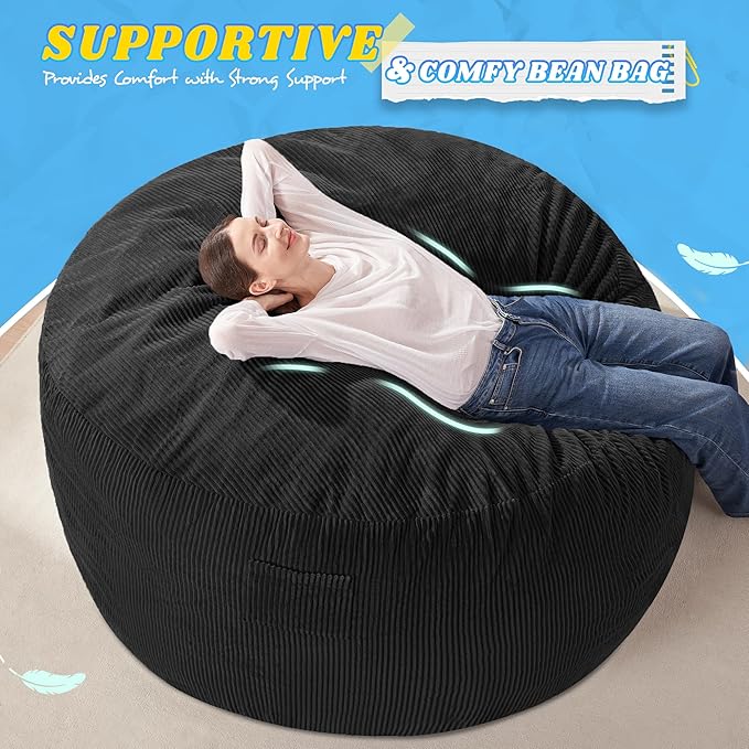 HABUTWAY 5FT Bean Bag Chair,Giant Bean Bag Chairs for Adults,Big Bean Bags with Memory Foam Filled, Large Beanbag Chairs with Soft Corduroy Cover-Black