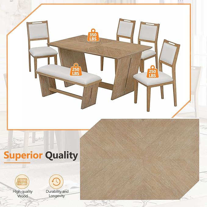 Ball & Cast 6-Piece Dining Table Set for 6 People, 60" Wood Dining Kitchen Table & Chairs Set, Rectangular Dining Room Table with Trapezoidal Base,4 Upholstered Chairs & 1 Bench, Kitchen, Espresso
