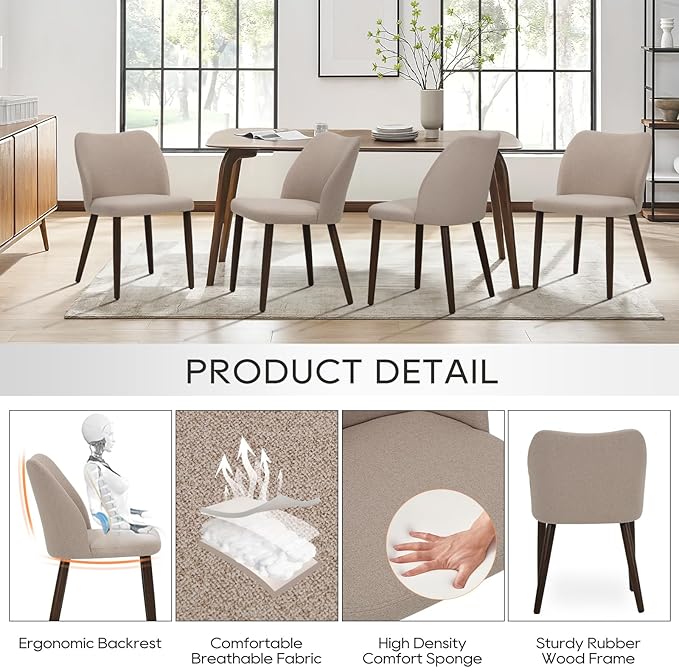 COLAMY Upholstered Dining Chairs Set of 2, Modern Fabric Dining Room Kitchen Side Chair with Padded Seat and Wood Legs for Restaurant/Cafe, Camel