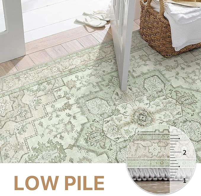 GENIMO 10x14 Area Rugs for Living Room, Machine Washable Non Slip Vintage Rugs, Low Pile Lightweight Chenille Print Rug for Bedroom, Dining Room, Home Office, Oat Light