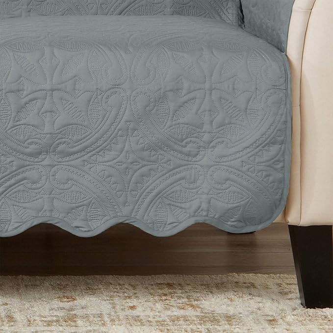 Medallion Stitched Solid Furniture Protector Stain Resistant Durable Furniture Protector Elenor Collection (Loveseat, Mirage Gray/Flax)