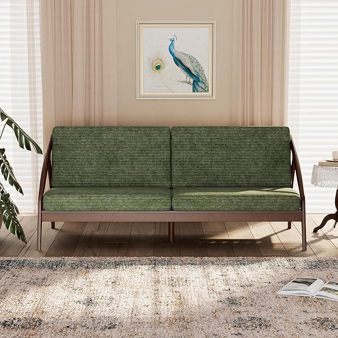 73.4" Solid Wood Upholstered Sofa, Comfortable Seat Cushion, White Waxwood Full Solid Wood Frame, Removable Cover, Suitable for Bedroom and Living Room, Easy to Assemble, Office Sofa