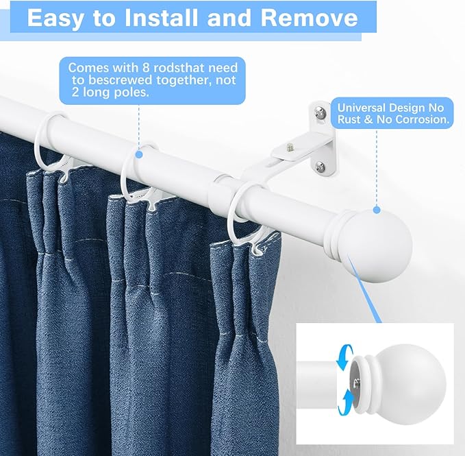 Curtain Rods for Windows 16 to 120 Inches, Curtain Rod Max Adjustable Length of 132 IN, 1" Diameter Drapery Rods Round Finials, White, Pack of 1