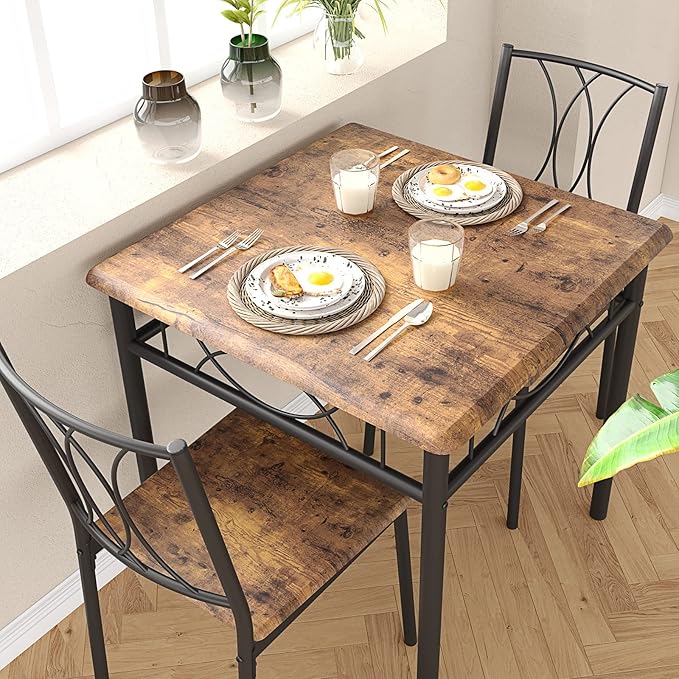 Dining Table Set for 2, Kitchen Table with 2 Chairs, Wood 3-Piece Kitchen Dining Room Table Set for Apartment, Small Space, Space Saving, Retro Brown