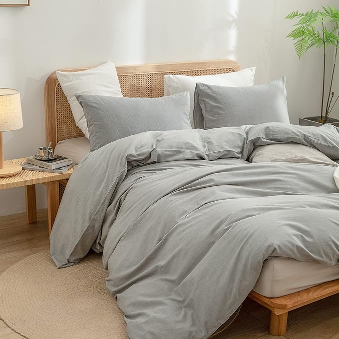 BESTOUCH Duvet Cover Set 100% Washed Cotton Linen Feel Super Soft Comfortable Chic Lightweight 3 PCs Home Bedding Set Solid Light Grey Oversized Queen