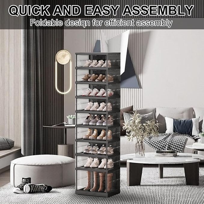 ELPHECO 9 Tier 18 Pairs Foldable Shoe Rack - Clear Shoe Rack Organizer, Folding Entryway Shoe Cabinet, Collapsible Sneaker with Magnetic Doors, Stackable Shoe Shelf,Three-Sided Clear Shoe Box, Black