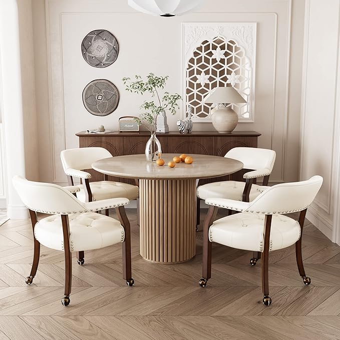 LEEMTORIG Large Dining Chairs with Casters and Arms, Rolling Dining Chairs with Wheels, Accent Game Poker Chairs, Wood Boss Caption's Chairs, 26“Dx25.2 Wx31.5“H, Cherry Legs & Ivory PU, SY-1533-WT