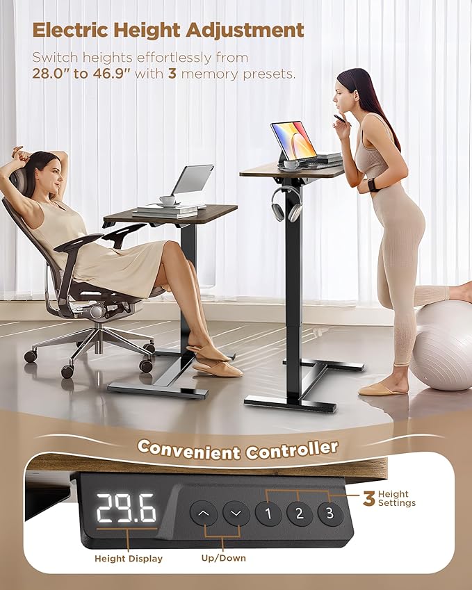 Electric Adjustable Height Standing Desk - Small Sit Stand Portable Rolling Laptop Table with Hidden Wheels, Small Computer Workstation for Bedside & Home Office Use (28"x16",Dark Walnut)