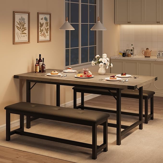 Dining Table Set for 4-6, 63“ Large Extendable Kitchen Table Set, Wood Rectangle Kitchen Table with 2 Soft Benches for Small Space, Apartment, DinnerSaving Space, Grey