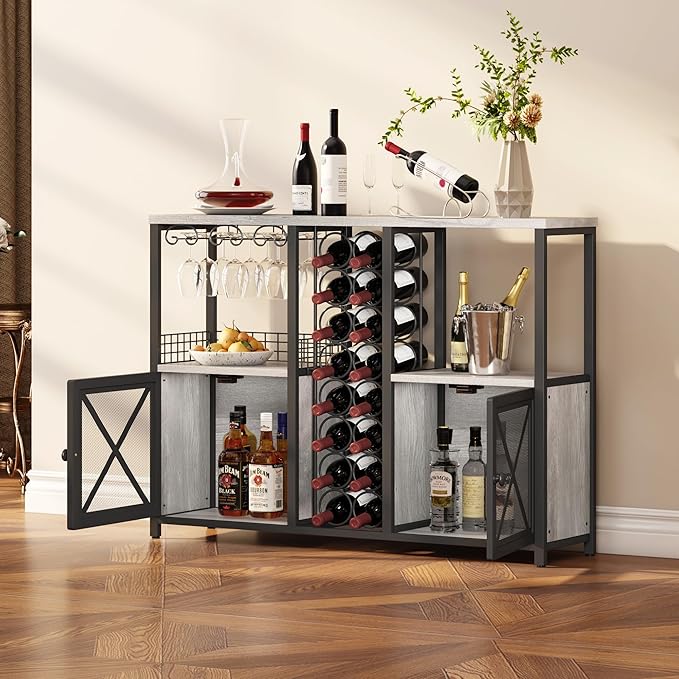 Homeiju Mini Bars for Home, Wooden Coffee Bar Cabinet, Modern Liquor Cabinet for Liquor and Glasses, Farmhouse Buffet Wine Bar Cabinet with Storage Sideboard for Home Kitchen Dining Room (Light Grey)