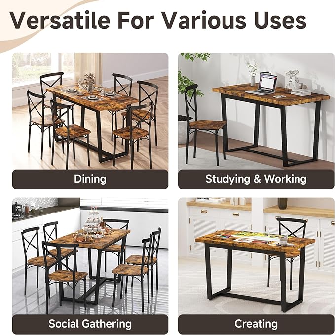 7-Piece Dining Table with Chairs Set, Rectangular Metal Frame Table with 6 Chairs, Modern Table Furniture Set for Kitchen, Dining Room and Living Room, Brown