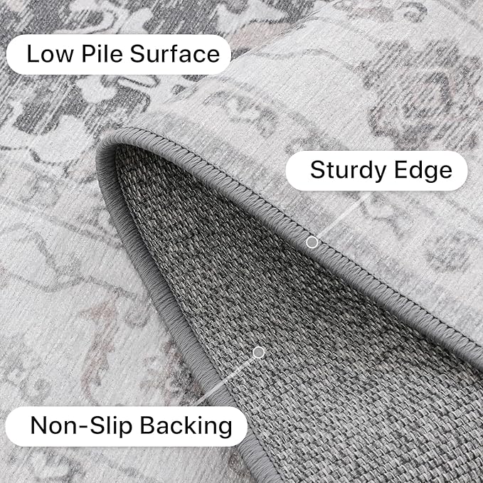 GENIMO Runner Rug 2x6, Machine Washable Non Slip Vintage Hallway Runner Rug, Low Pile Lightweiht Mat for Living Room, Entryway, Bedroom, Kitchen and Corridor, Gray