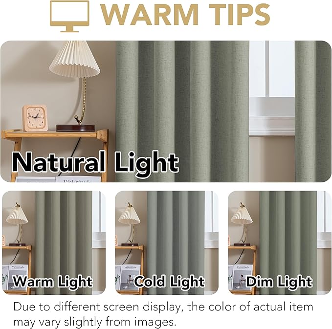 H.VERSAILTEX Linen Curtains 100% Blackout Curtains for Bedroom 96 inch Long Full Light Blocking Nature Linen Blended Window Curtains for Living Room Nickel Grommet (2 Panels, Heathered Dried Sage)