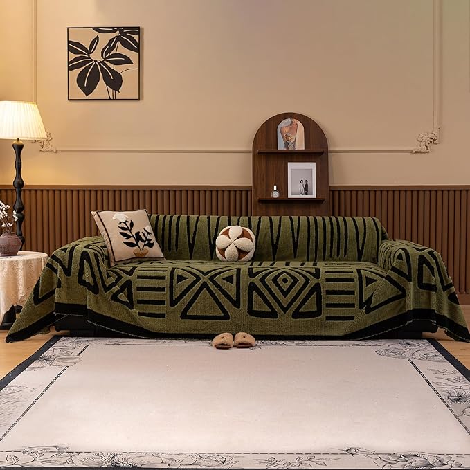 HANDONTIME Olive Green Sofa Covers for Sectional Sofa Boho Couch Cover for Dogs Christmas Green Throw Couch Cover Shu Velveteen Black Loveseat Covers Short Plush L Shaped Cover Washable, 71" X118"
