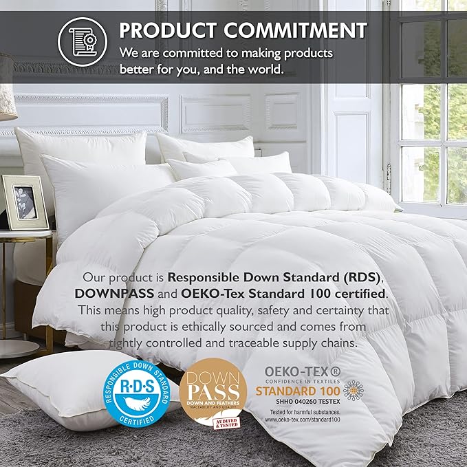 Luxurious White Solid Medium Weight, Palatial King Size Goose Feathers Down Comforter for All-Season Weather, 120 X 98 inches, Premium Baffle Box, 100% Egyptian Cotton Cover, 85 oz. Fill Weight