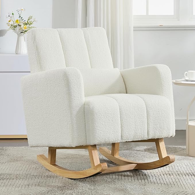 Christopher Knight Home Mapo Wooden Rocking Chair Indoor, Teddy Upholstered Spacious Rocker Chair with Pillow, Comfy Rocking Chair with Armrest for Bedroom, Living Room, Offices, Cream White