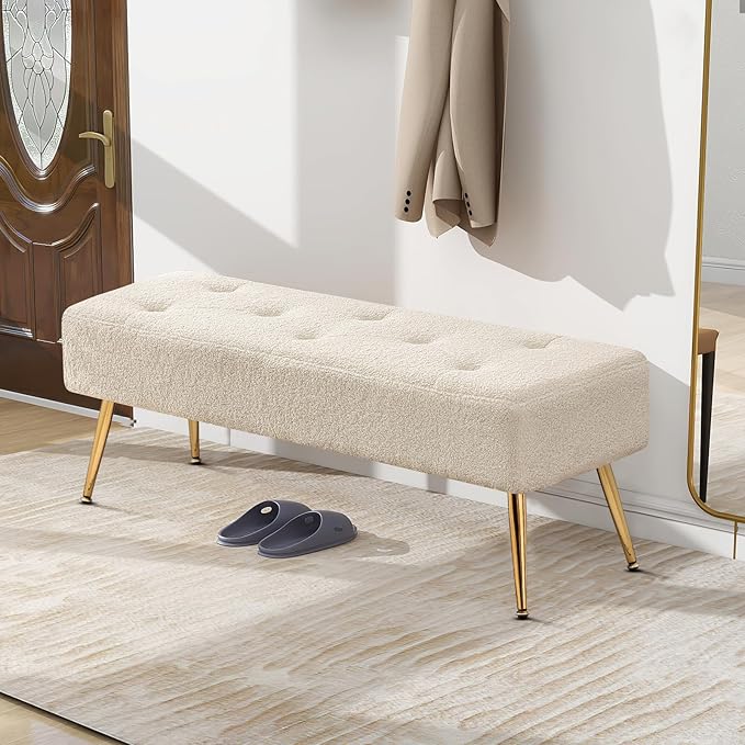 Furniliving 44 Inch Modern Ottoman Bench, Upholstered Faux Fur Fabric Entryway Benches with Gold Metal Frame for Living Room Vintage Indoor Benches End Bed Bench Footrest Ottoman (IvoryWhite)