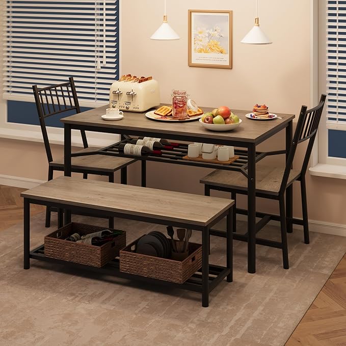 Dining Table Set for 4, Kitchen Table for 4 with Bench and 2 Chairs, 4-Piece Dining Table Set for Apartment, Small Space, Gray