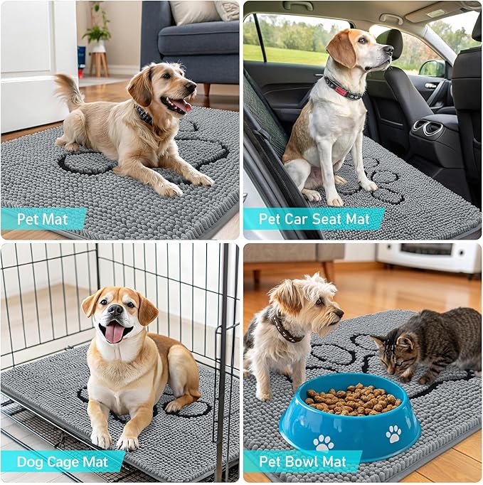 OLANLY Door Mat for Muddy Dog Paws 48x30, Ultra Absorbent Chenille Mud Doormat with Paw Print Design, Non-Slip Washable Doormat for Indoor Entryway, Quick-Dry Pet Bed Mats for Dirty Dogs, Grey