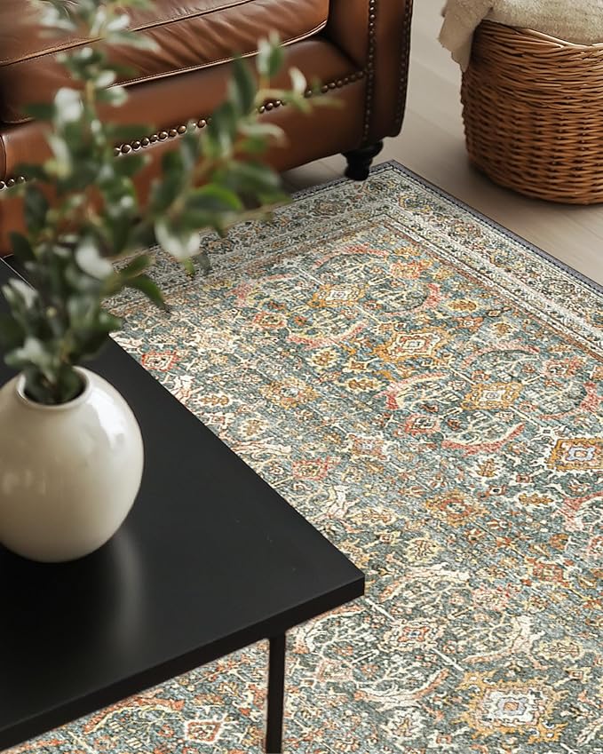 8X10 Area Rugs Machine Washable Rugs for Living Room, Vintage Boho Large Rugs for Bedroom Dining Room, Non Slip Indoor Soft Distressed Lightweight Thin Low Pile Carpet, Turmeric