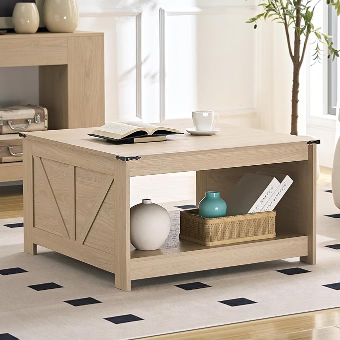 Farmhouse Coffee Table for Living Room, Wood Square Coffee Tables, 31.5" D x 31.5" W, Natural Oak