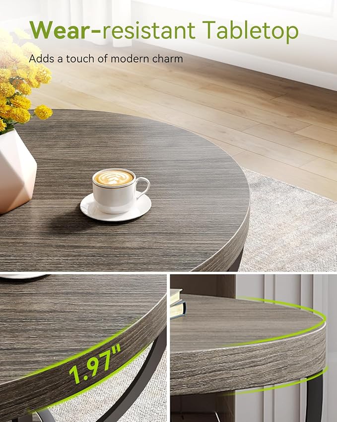 LITTLE TREE Round Coffee Table, 32" Circle Coffee Table for Living Room, 2-Tier Wood Accent Center Table with Open Storage Industrial Design Home Furniture (Grey and Black)