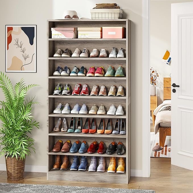 Tribesigns Tall Shoe Cabinet, 9 Tiers 40-45 Pairs Heavy Duty Wood Freestanding Shoe Storage Cabinet, 70.8'' Tall Shoe Cabinet with Open Storage for Entryway (Beige Gray)