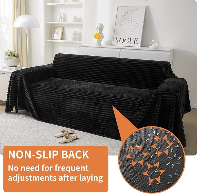 HAOMAIJIA Faux Fur Sofa Covers Couch Covers for 3 Cushion Couch Sofa Pet Friendly Soft Non Slip Couch Cover for Dogs Washable Sectional Couch Covers L Shape Furniture Protector (Black, 71"x150")