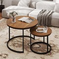 Nesting Tables Set of 2, Round Coffee Table, Small Nesting Coffee Table with Adjustable Non-Slip Fee, Wood Grain Top Nesting Tables for Living Room, Bedroom (Wood Grain Brown)