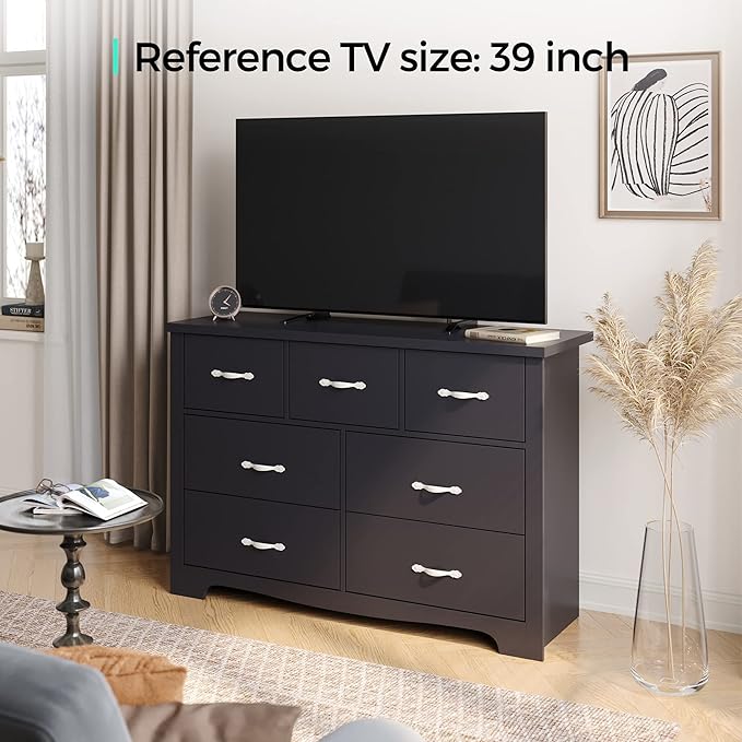 LINSY HOME 7 Drawers Dresser for Bedroom, Wood Bedroom Dresser Modern Drawer Chest, 7 Chest of Drawer, Tall Dresser for Closet, Dressers Organizer for Living Room, Closet, Hallway