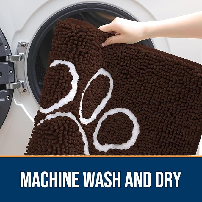 OLANLY Door Mat for Muddy Dog Paws 30x20, Ultra Absorbent Chenille Mud Doormat with Paw Print Design, Non-Slip Washable Doormat for Indoor Entryway, Quick-Dry Pet Bed Mats for Dirty Dogs, Brown
