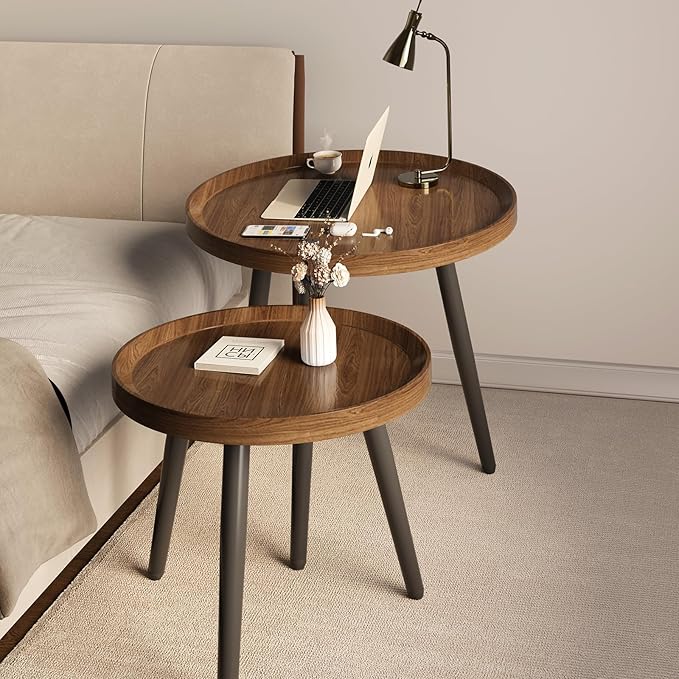 Small Round Coffee Table Set of 2, Walnut Coffee Tables for Living Room, Mid Century Modern Nesting Coffee Table, Wood Circle Center Tables, Black Wooden Side End Table, mesa de Centro para sala