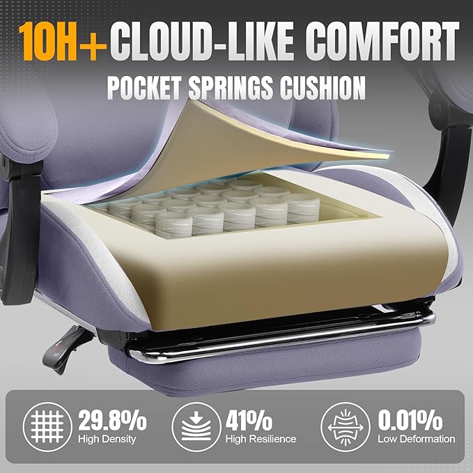 GTRACING Gaming Chair with Foot Rest & Pocket Spring Cushion, Breathable Fabric for Home Office Desk, Ergonomic High Back Computer Chair with Headrest & Lumbar Support, Lavender Purple