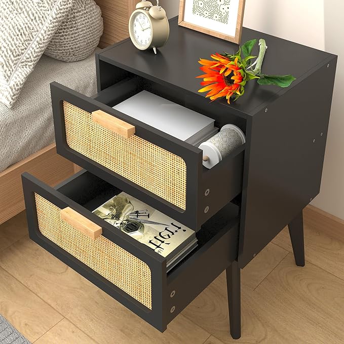 Rattan Nightstand, Wood End Table, Side Table with 2 Hand Made Rattan Decorated Drawers,Boho Bedside Table,Wood Accent Table with Storage for Livingroom, Bedroom, Black CTG59B