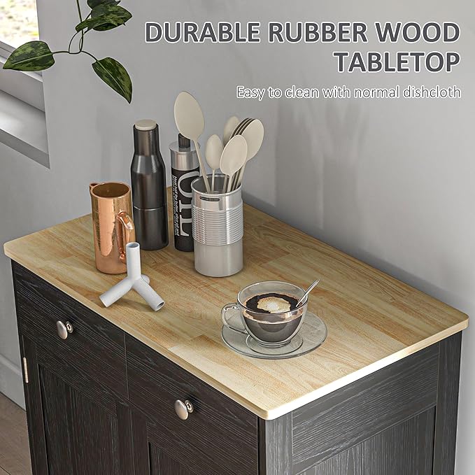 HOMCOM Sideboard with Solid Wood Countertop, Modern Kitchen Storage Cabinet, Coffee Bar Cabinet with 2 Drawers, Doors and Adjustable Shelf, Distressed Black