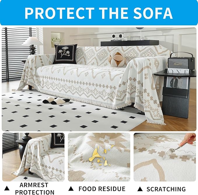 LUFEIJIASHI Boho Couch Covers for Sofa Non Slip Sofa Covers Washable Couch Covers for 3 Cushion Couch Sofa Pet Friendly Sectional Couch Cover Blanket Furniture Protector for Dogs (Khaki, 71"x150")