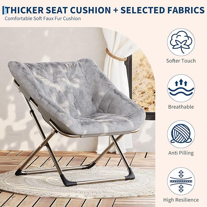 Comfy Chair for Adults, Foldable Living Room Chairs, Soft Faux Fur Folding Lounge for Bedroom Living Room Dorm Rooms, Flexible Reading Chair for Teens (2, Gray, X-Large)