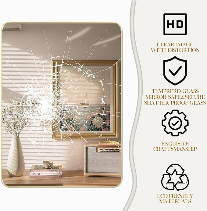 50×30 Glod Bathroom Mirror, Rectangular Bathroom Vanity Mirror for Wall with Rounded Corners & Aluminum Alloy Frame, Tempered-Glass, Modern, Farmhouse, Horizontal/Vertical, Entryway, Bedroom