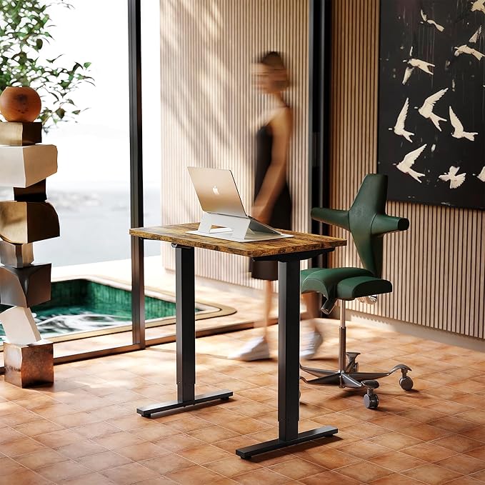 HUANUO 32" Small Electric Standing Desk Adjustable Height, 4 Memory Height Settings, Sit Stand Up Desk for Home Office & Computer Workstation, Vintage Brown