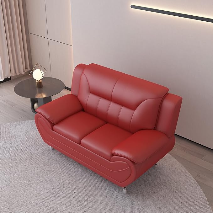 Container Furniture Direct Michael Modern Faux Leather Upholstered Stainless Steel Legs Living Room Loveseat, Red