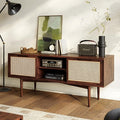 Bme Oliver TV Stand for TVs up to 55", Mid-Century Solid Wood TV Console with Natural Rattan Door, Media TV Console, Entertainment Center with Storage, Fluted Media Cabinet for Living Room, Walnut