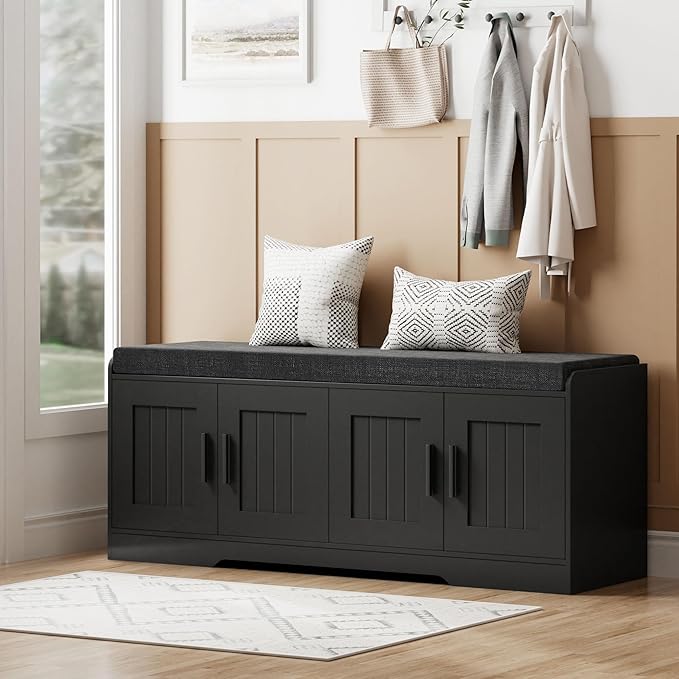 2-Tier Storage Bench, Shoe Bench with Thickened Padded Seat Cushion, Entryway Bench with 4 Doors, Adjustable Shelf, 13.8" D x 45.3" W x 18.5" H, for Entryway, Living Room, Bedroom, Black