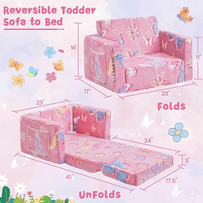 Toddler Chair Comfy,2-in-1 Soft Toddler Couch Fold Out for Kids,Convertible Sofa to Lounger,Gift for Girls and Boys Birthday,Butterfly