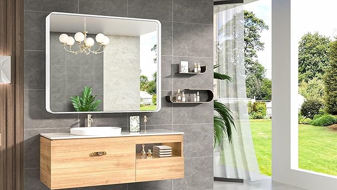 TokeShimi 42 x 36 Inch Bathroom Mirror White Vanity Wall Mirror with Metal Frame Aluminum Alloy Rounded Corner for Modern Farmhouse Wall Decor 1”Deep Set Design (Horizontal/Vertical)