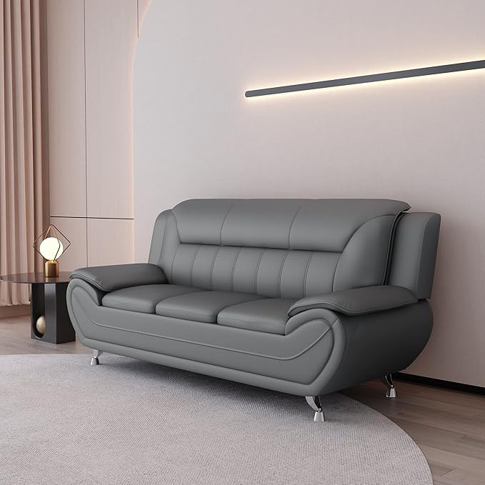 Container Furniture Direct Michael Modern Faux Leather Upholstered Stainless Steel Legs Living Room Sofa, Loveseat, Gray