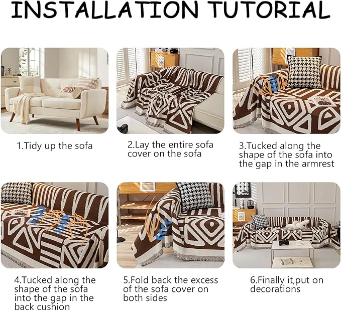 HANDONTIME Chocolate Boho Couch Cover Reversible Sofa Covers for 3 Cushion Couch Washable Sofa Cover for Dogs Boho Couches Covers Chenille Couch Protector Couch Covers for Sofa, 71" X134"