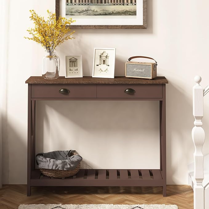ChooChoo Farmhouse Console Table with Drawer for Entryway, Narrow Long Entry Table with Shelf for Living Room, Rustic Vintage Hallway Sofa Table with Stable X Supports, 40 Espresso